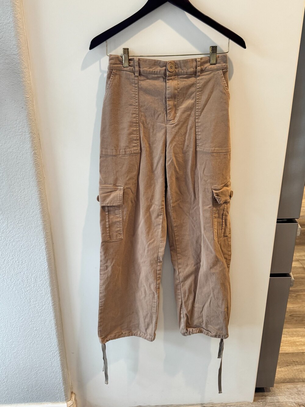 LEPUNUO High Waist Wide Leg Cargo Pants Drawstring Ankle Womens Medium Tan